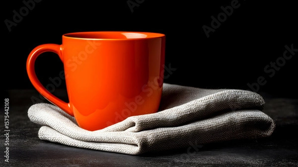 Fototapeta Bright orange ceramic mug placed on folded linen napkin over dark textured surface, studio lighting with moody minimal background.