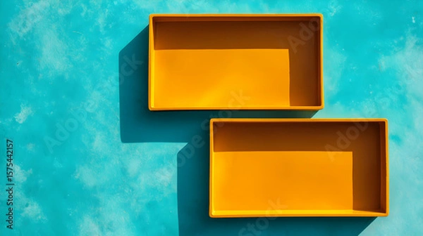 Fototapeta Minimalist top view of two yellow rectangular trays casting long shadows on bright turquoise background. Modern design with bold contrast and geometric balance.