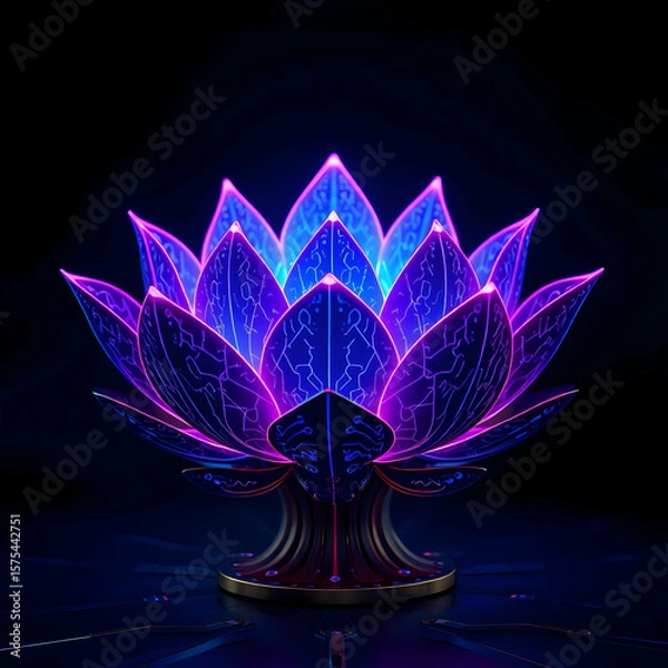 Fototapeta Glowing lotus with intricate neon circuitry futuristic