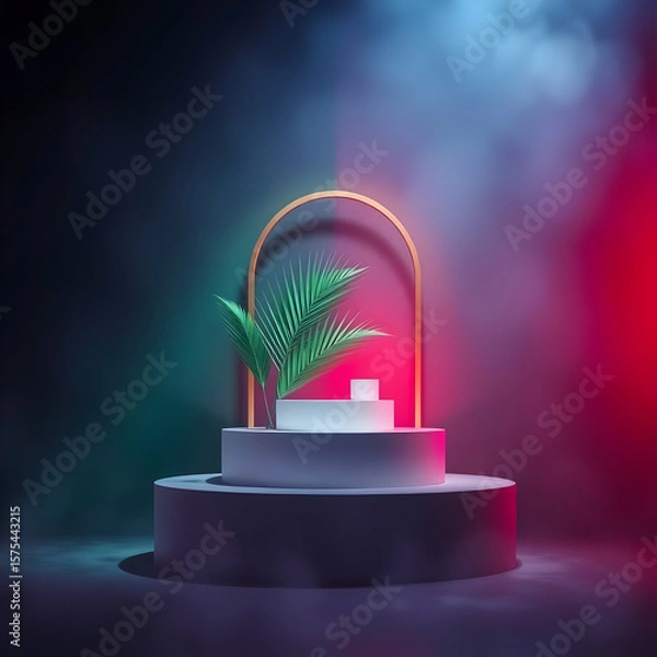 Fototapeta Minimalist display with tropical foliage and golden arch