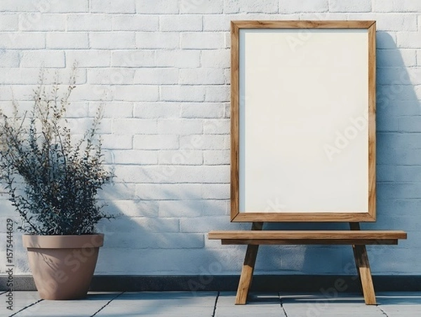 Obraz Empty picture frame on a wooden easel against a white brick wall.