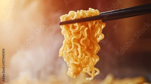 Obraz Instant noodles held by chopsticks.