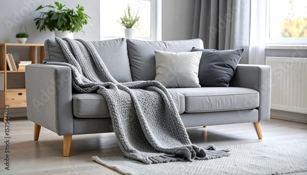 Obraz Cozy gray couch with knitted blanket