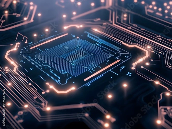 Obraz Detailed close-up of a circuit board with illuminated components.