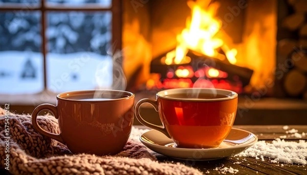 Obraz Cozy winter cups by fireplace