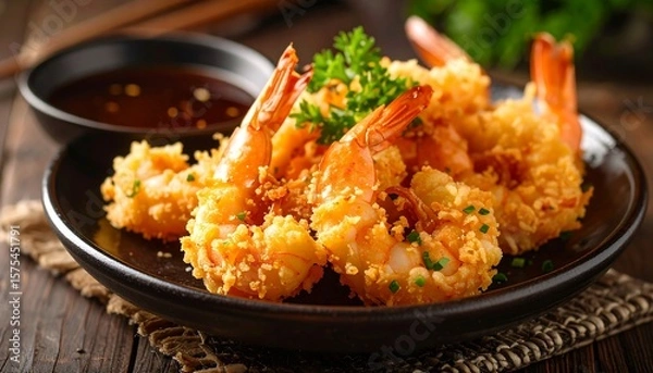 Obraz Crispy fried shrimp, sauce, herbs
