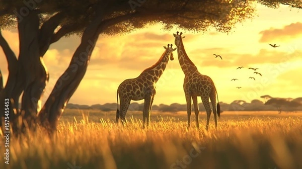 Fototapeta Pair of giraffes captured in warm savanna high resolution picture
