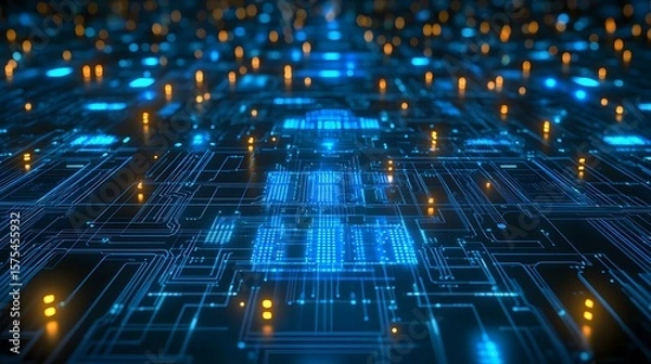 Obraz Detailed circuit board design with glowing components.