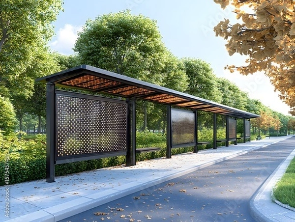 Obraz Modern bus shelter with patterned panels in a park setting.