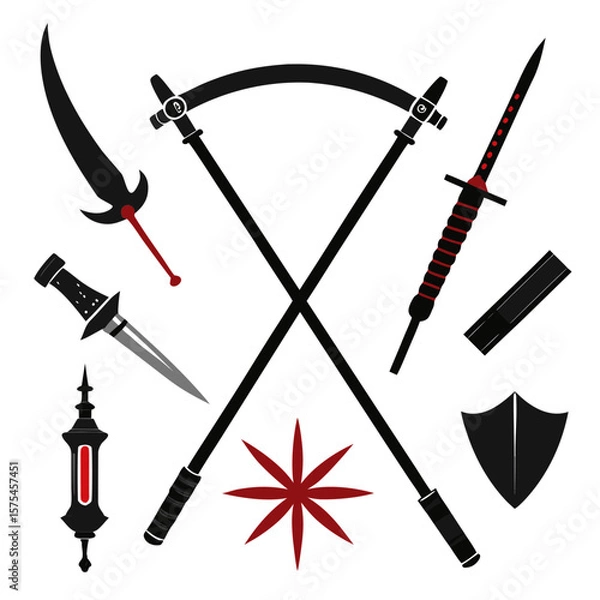 Fototapeta Black and red weapon collection with crossed scythes