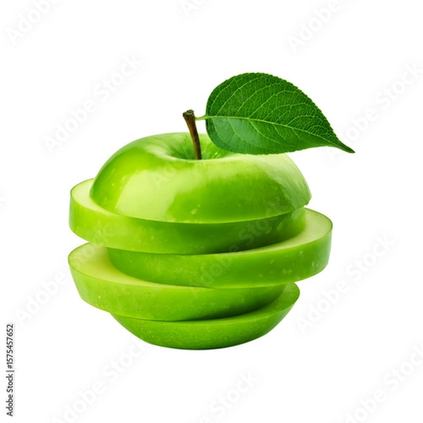 Obraz Sliced green apple fruit with leaf on transparent background