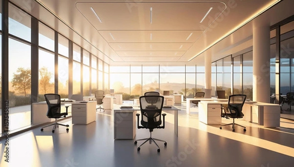 Fototapeta Contemporary interior design of an empty office with chairs, tables, and computers