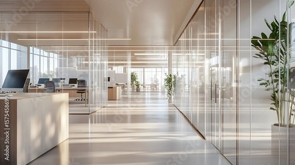 Obraz Modern office space with glass partitions and natural light.