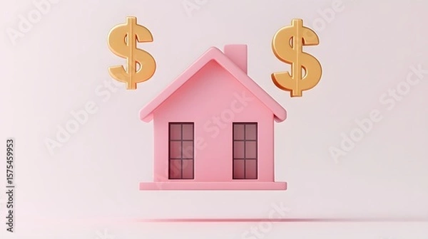 Obraz Pink house with dollar signs, a minimalist concept.