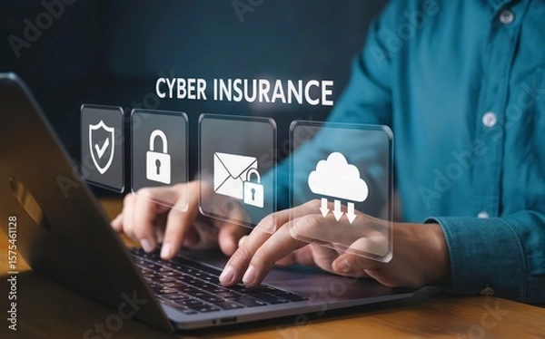 Fototapeta Cyber insurance represented with security icons and a person typing on a laptop.