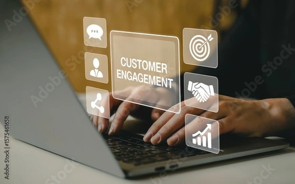 Fototapeta Customer engagement using laptop with goal, success, and communication icons.