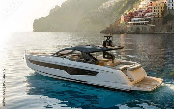 Fototapeta Sleek modern yacht cruising in a sunlit ocean, designed with a streamlined silver and black hull.