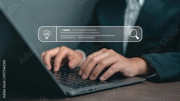 Fototapeta Professional uses AI search on laptop, exploring big data strategies