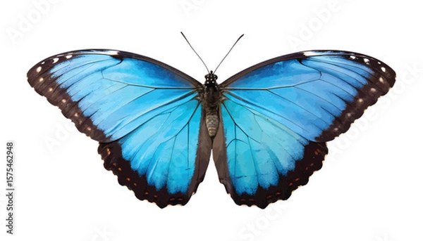 Fototapeta Vibrant blue morpho butterfly with open wings isolated on transparent background, detailed close-up of tropical insect, watercolor-style illustration Png