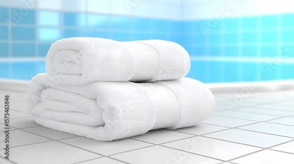 Obraz Rolled white towels on a tiled surface.