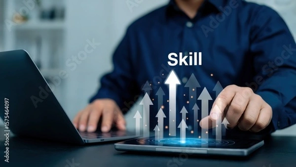 Fototapeta Improving skills concept with arrows pointing upwards on a person's tablet