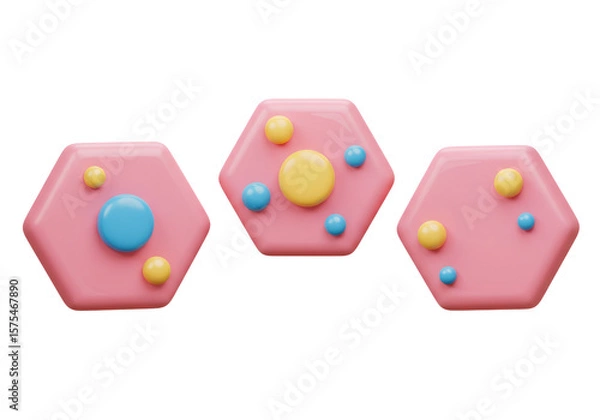 Fototapeta Minimalist Pink Hexagons with Blue and Yellow Spheres in a Clean Digital Rendering