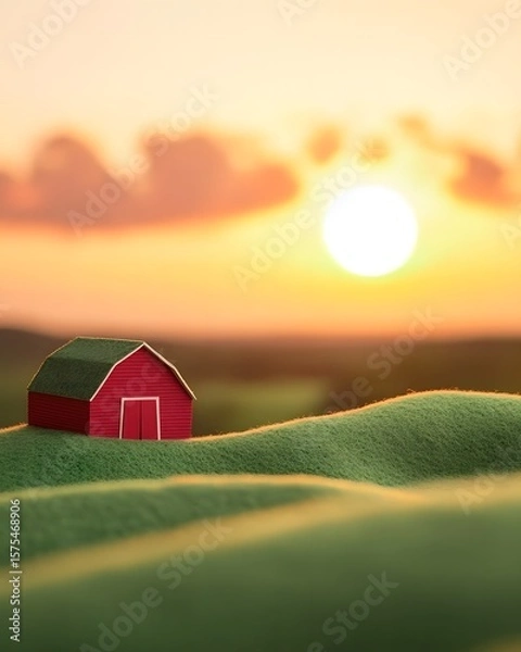 Fototapeta miniature of Hand craft paper art  barn with Serene Sunset on Rolling Green Hills in Warm Glow