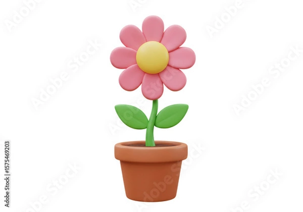Fototapeta Pink Flower with Yellow Center in Brown Pot on Transparent Background 3D Render