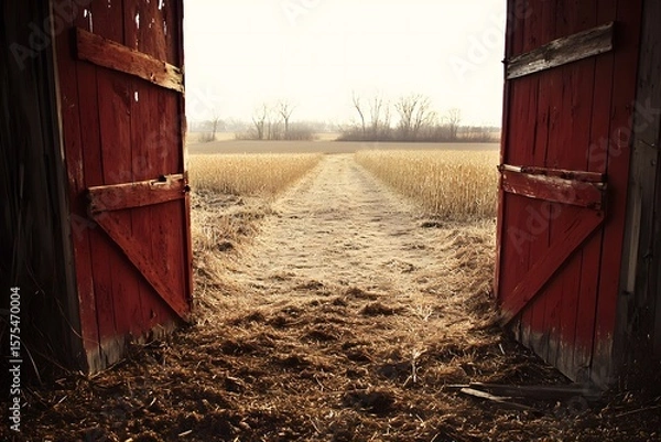 Fototapeta Open Red Barn Doors Leading to Scenic Fields Under Soft Morning Light