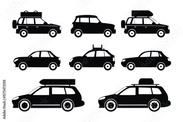 Fototapeta Versatile Car Collection Silhouettes: A set of sleek, black car silhouettes, perfect for travel, adventure, and everyday journeys, embodying the spirit of freedom and exploration.