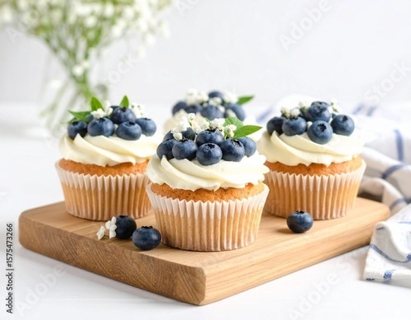 Obraz 블루베리 컵케이크와 꽃이 어우러진 달콤한 디저트 A sweet dessert combining blueberry cupcakes and flowers
