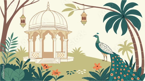 Fototapeta Illustration of indian pavilion with peacock and palm trees for graphic design and print design use cases