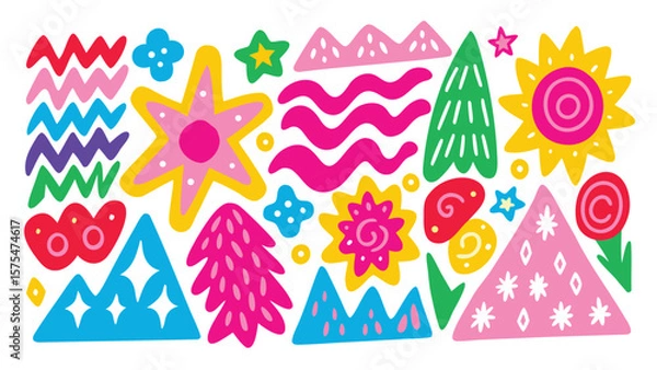Fototapeta Colorful whimsical doodle pattern with stars trees mountains and flowers in bright pink yellow and green
