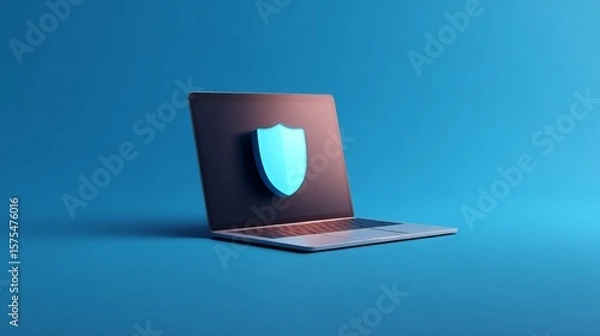 Fototapeta Seamless E-Commerce Transactions with Secure Payment Gateway Solutions, A laptop displaying a shield symbol, representing cybersecurity and digital protection concepts.