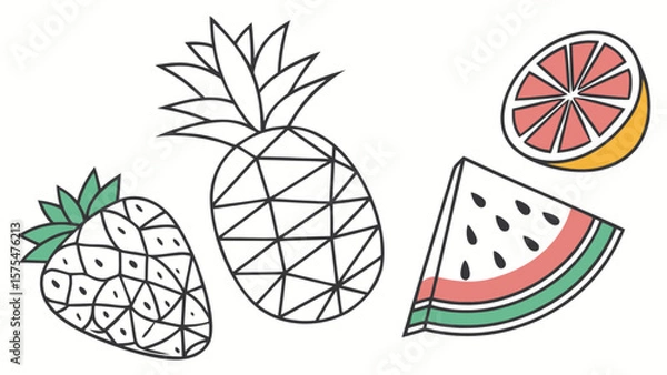 Fototapeta Summer fruits vector illustration with pineapple, strawberry, watermelon and grapefruit clip art design