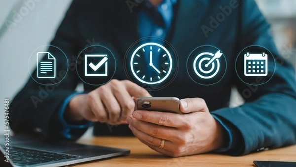 Fototapeta Businessman uses smartphone for project management and task scheduling app