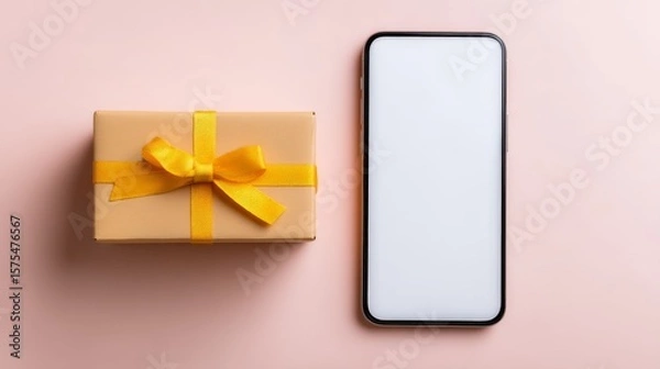 Fototapeta Seamless E-Commerce Transactions with Secure Payment Gateway Solutions, Gift box and smartphone on a pink background, conveying themes of celebration and technology.