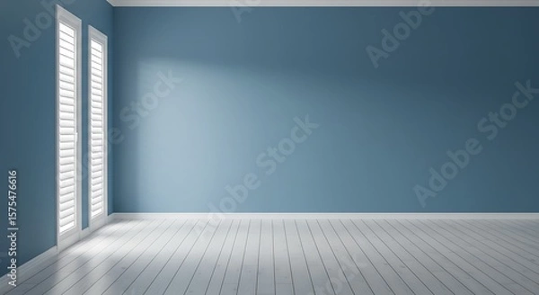Fototapeta blue empty room with closed windows with white plank wood floor