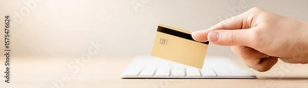 Fototapeta Seamless E-Commerce Transactions with Secure Payment Gateway Solutions, A hand holding a credit card above a computer keyboard on a clean, minimalistic desk.