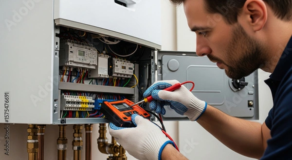 Fototapeta The master repairs the electrical part of a gas heating boiler, servicing heating systems