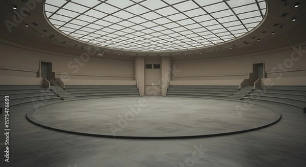 Fototapeta Empty spacious futuristic design round presentation hall with squared transparent ceiling, concrete floor and light wall.