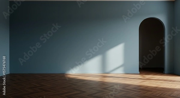 Fototapeta Interior empty a minimalistic design with a mineral blue wall, a wooden floor, and a large window. There's also an arched doorway leading into a darker wall