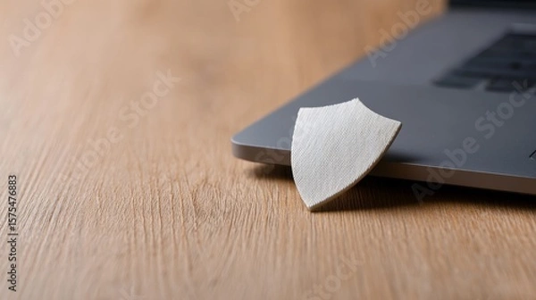 Fototapeta Seamless E-Commerce Transactions with Secure Payment Gateway Solutions, A laptop with a protective shield resting on a wooden surface, symbolizing security and technology.