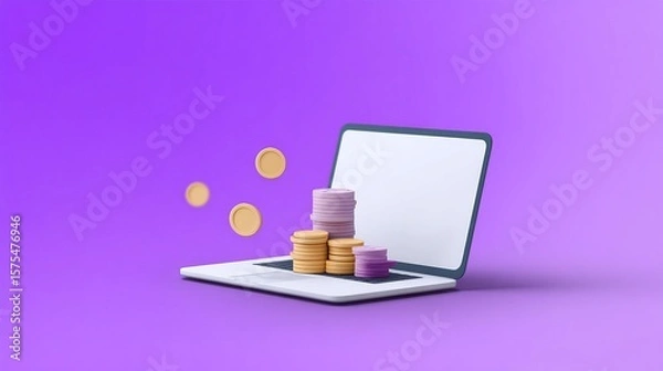 Fototapeta Seamless E-Commerce Transactions with Secure Payment Gateway Solutions, Digital illustration of a laptop with stacks of coins, symbolizing online finance and investment.