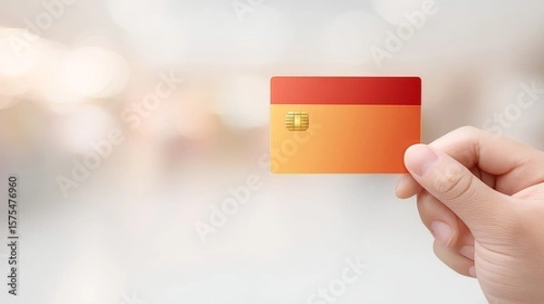 Fototapeta Seamless E-Commerce Transactions with Secure Payment Gateway Solutions, A person holds a colorful card against a blurred background, suggesting a focus on payment or membership.