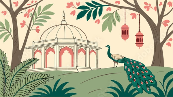 Fototapeta Beautiful indian garden scene with peacock illustration vector art design for print and web design use