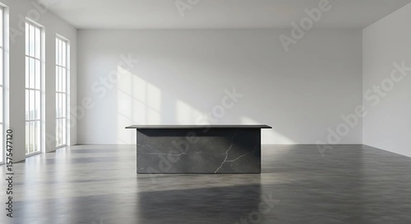 Fototapeta Modern enlighten studio with rectangular box countertop on ground