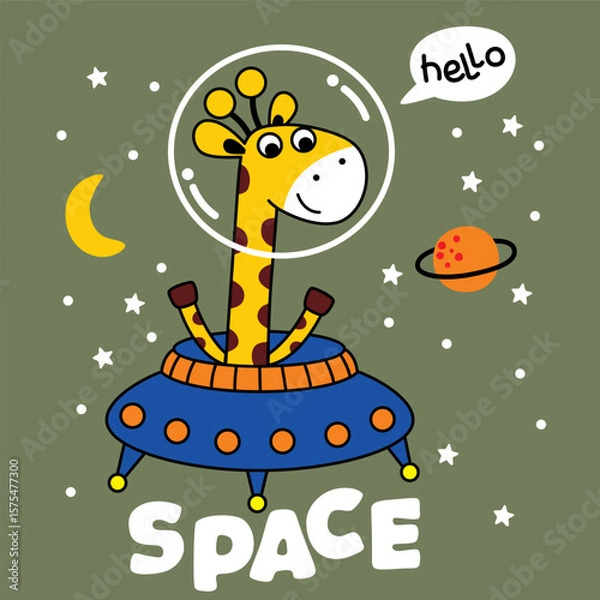 Obraz Cartoon giraffe in flying spaceship wearing space helmet surrounded by stars, moon, and planet in hello universe scene. Space exploration concept
