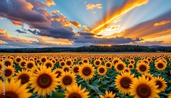 Fototapeta the image showcases a wide field of sunflowers under a vibrant sky, the foreground is filled with sunflowers in sharp focus, their yellow petals radiating around dark centers