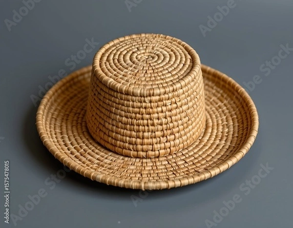 Fototapeta the image features a crafted head covering made of woven natural fiber, the central element is cylindrical, with a flat top and straight sides